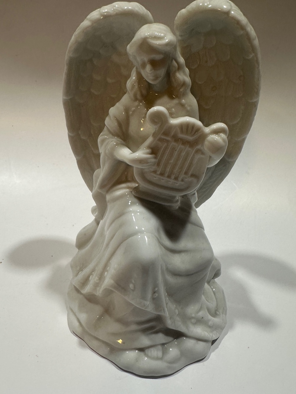 White Porcelain Guardian Angel with Harp Figurine Religious Home Decor
